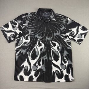 Vintage Y2K Mecca Shirt Mens Large All Over Print‎ Flames Black White Ricky TPB